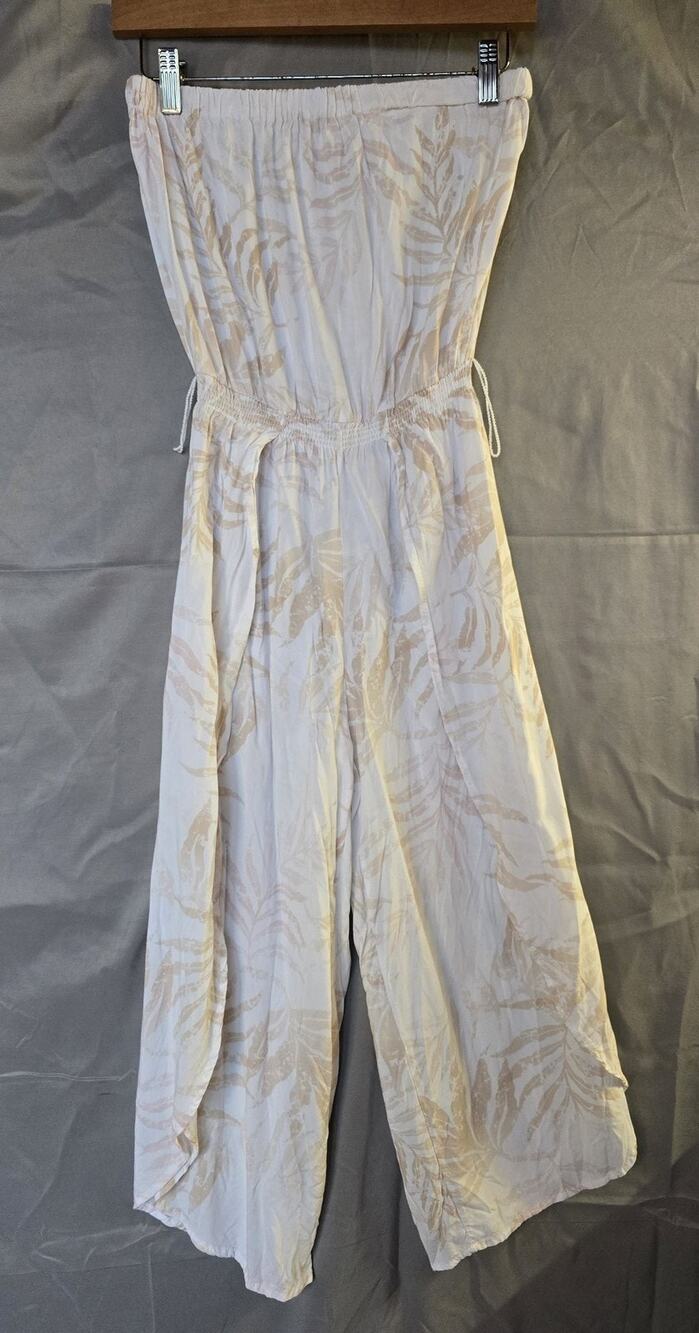 Ocean Drive Jumpsuit Womens Medium White Tropical Leaf Strapless Wide Leg Summer